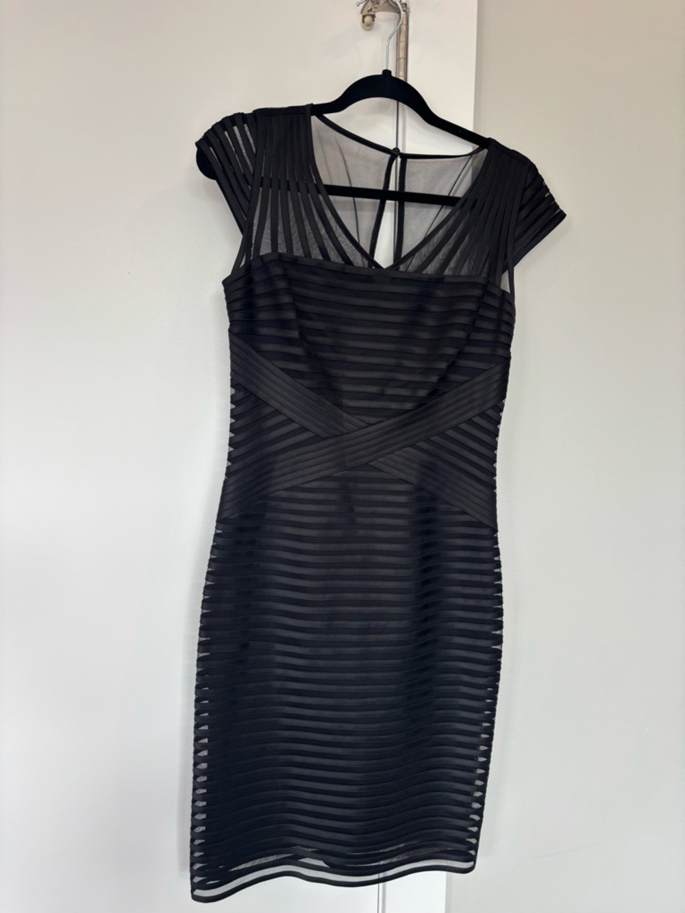 White House Black Market Black Striped Sheer Panel Midi Dress